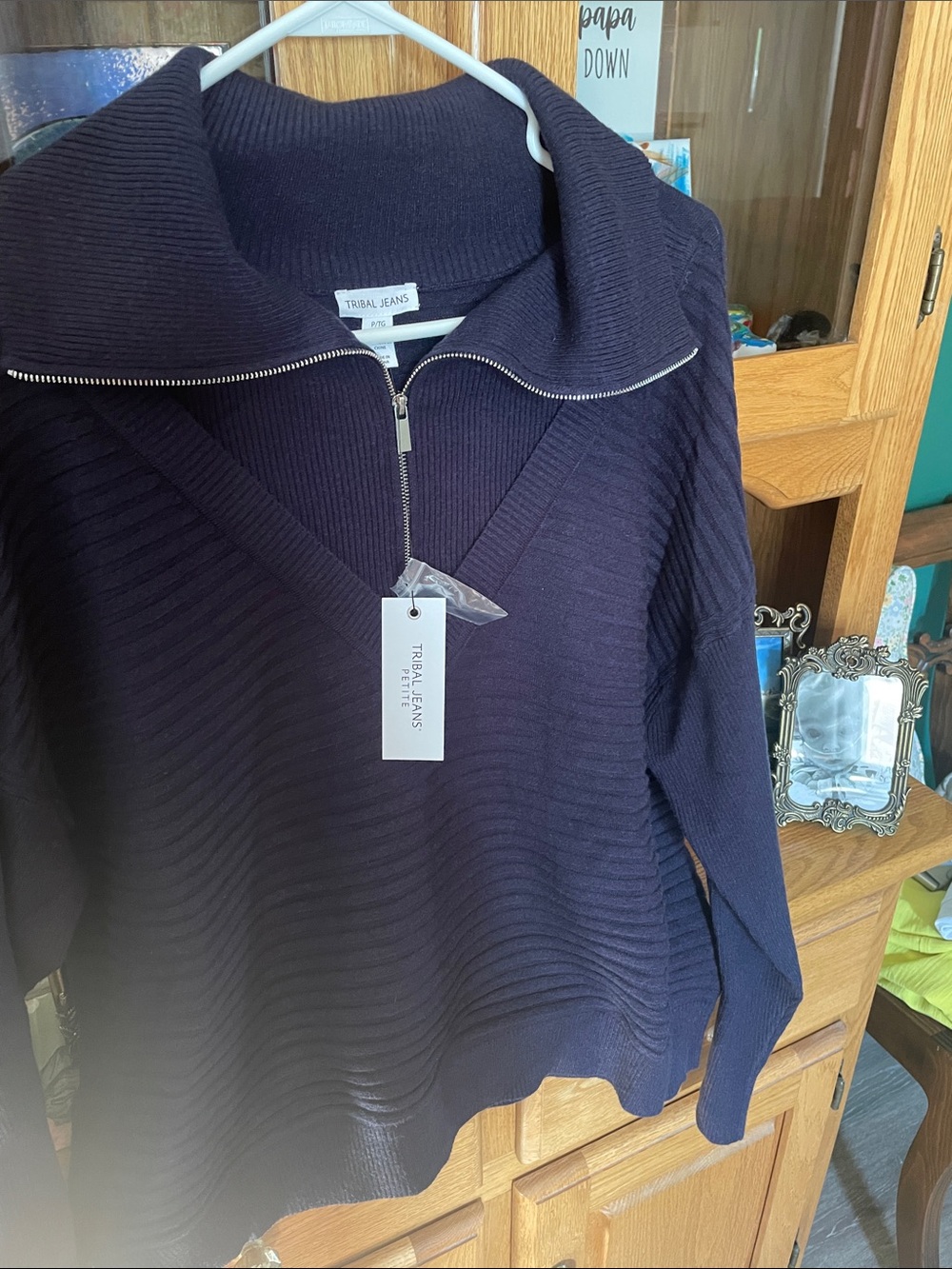 Tribal Navy Blue Ribbed Zip-Front Women's Sweater